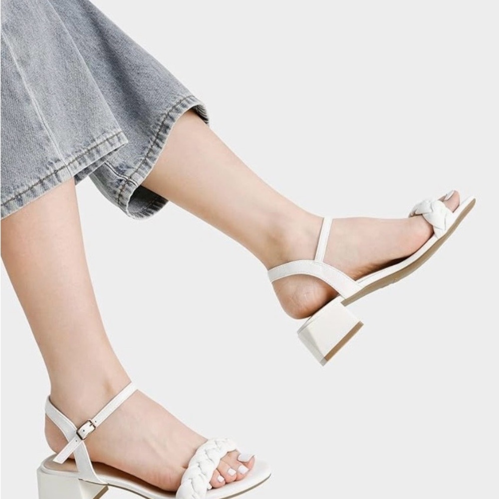 Dreampairs Elegant White Braided Sandals Block Herl Open Toe Slingback Size 7 - Picture 4 of 11